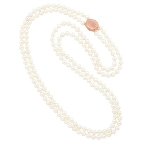 Long Double Strand Cultured Pearl Necklace with Rose Gold, Rose Quartz and Pink Sapphire Clasp