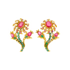Pair of Antique Gold, Ruby, Emerald, Amethyst and Diamond Flower Brooches