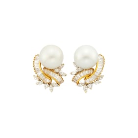 Pair of Gold, South Sea Cultured Pearl and Diamond Earclips