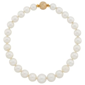 South Sea Cultured Pearl Necklace with Gold and Diamond Ball Clasp