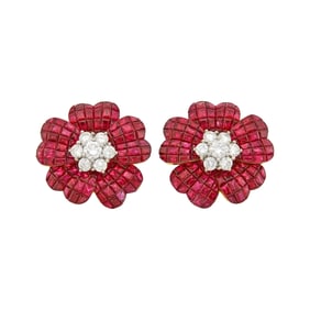Pair of Gold, Platinum, Invisibly-Set Ruby and Diamond Flower Earclips