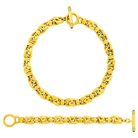 Gold Link Necklace and Bracelet with Cabochon Ruby and Diamond Toggle Clasps