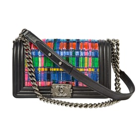 Chanel Black Lambskin Leather and Woven PVC Boy Bag