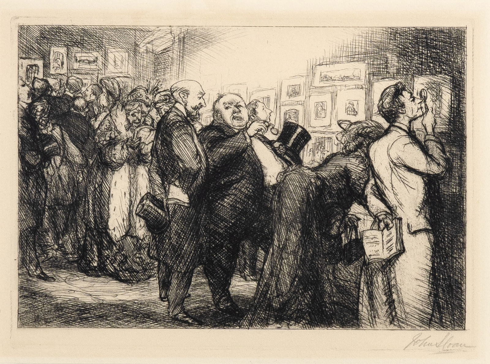 John Sloan (1871-1951): CONNOISSEURS OF PRINTS (MORSE 127)Etching, 1905, on cream wove paper, signed, titled and inscribed 100 proofs in pencil, from New York City Life, with the artist's tack holes at sheet edges, with full
