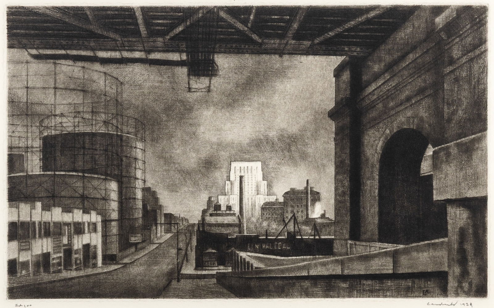 Armin Landeck (1904-1984): YORK AVENUE, SUNDAY MORNING (KRAEFT 78)Drypoint, 1939, on wove paper, signed, dated and inscribed Ed 100 in pencil, with full margins, framed.Plate 8 x 13 inches; 203 x 330 mmSheet 12 x 16 7/8 inches;