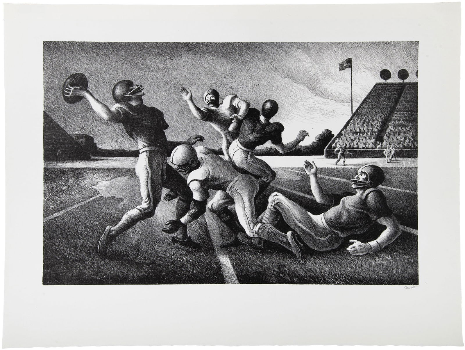 Thomas Hart Benton (1889-1975): FORWARD PASS (FATH 85)Lithograph, 1972, on BFK Rives paper, signed in pencil, from the edition of 250, published by Associated American Artists, New York, with full margins, framed.Image 12 7/8 x 19 7