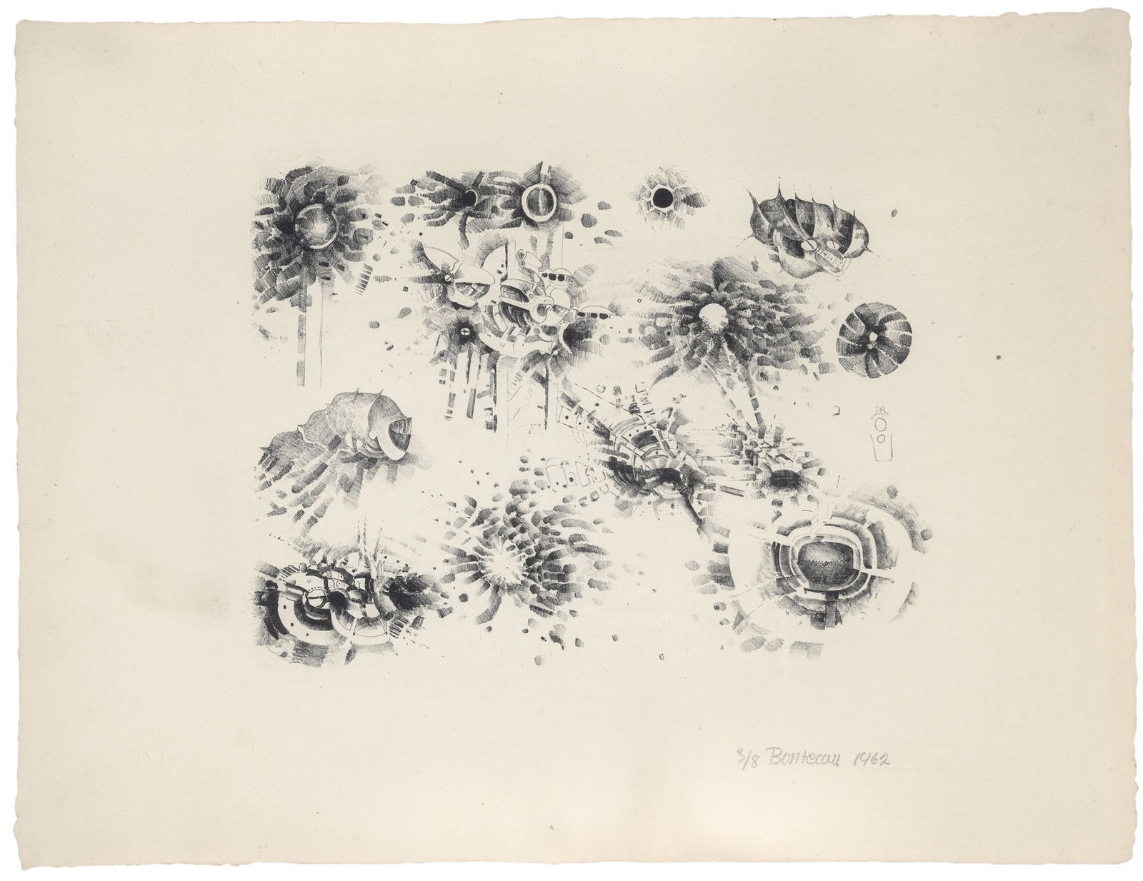 Lee Bontecou (1931-2022): FIRST STONELithograph, 1962, on ivory laid paper, signed, dated and numbered 3/8 in pencil, printed and published by Universal Limited Art Editions (ULAE), West Islip, New York, and with their blindst