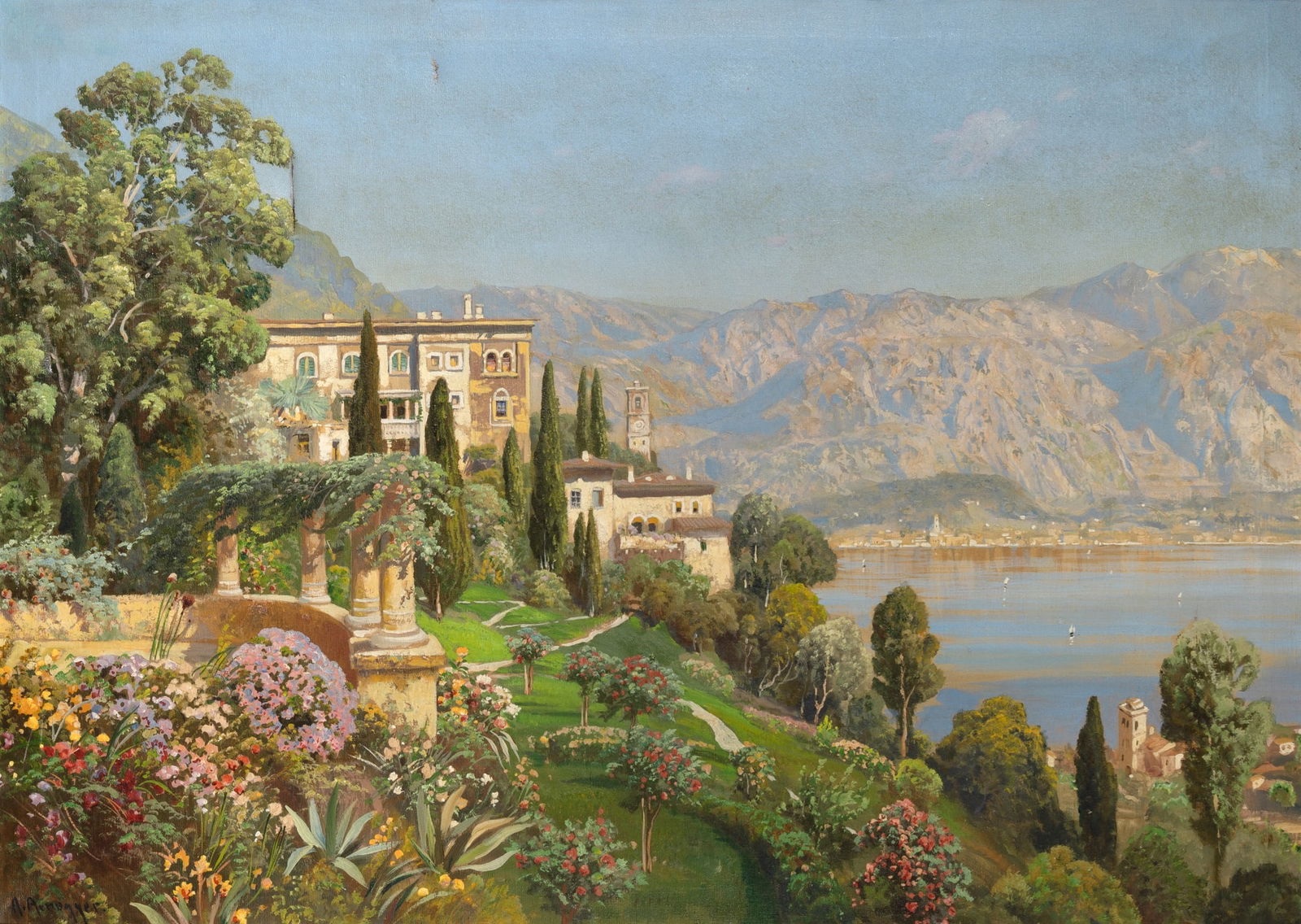 Alois Arnegger: Austrian, 1879-1967Villas on the edge of Lake ComoSigned A. Arnegger (ll)Oil on canvas28 x 39 1/4 inches (71.1 x 100 cm) (Framed 34 x 45 inches) Canvas