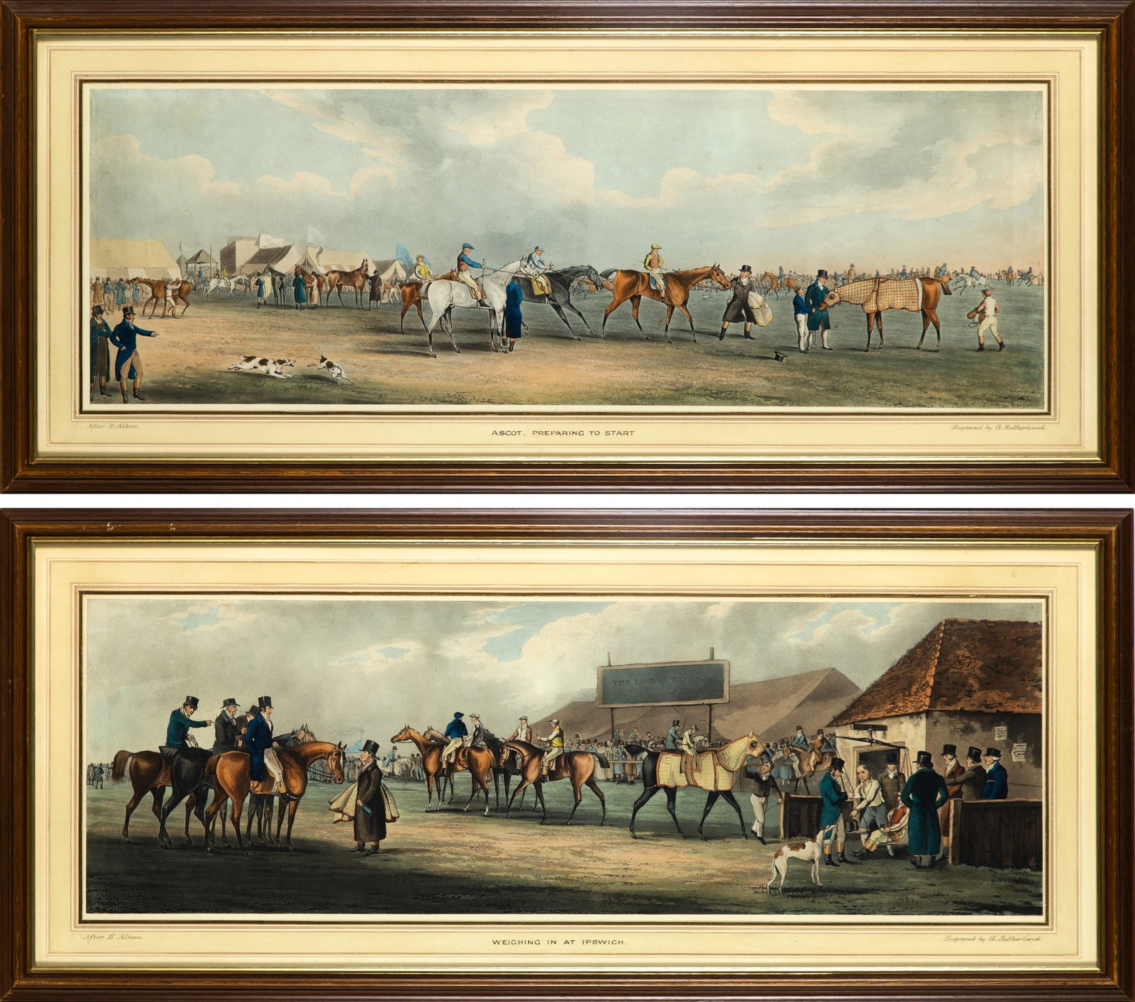 Two racing prints after Henry Thomas Alken: [Horse Racing Prints] ALKEN, HENRY THOMAS 'Ascot. Preparing to Start' and 'Weighing in at Ipswitch." Engraved bv G. Sutherland. [n.p.], [n.d.] Two hand-colored aquatint engravings, eac