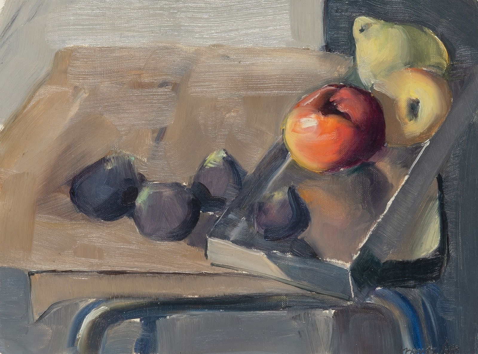 Armando Morales: Nicaraguan, 1927-2011Deux pommes, une poire et quatre figues sur boîte de fer blanc, 1988Signed and dated MORALES/88 (lr)Oil on canvas7 5/8 x 9 1/2 inches (19.4 x 24.1 cm)Provenance: