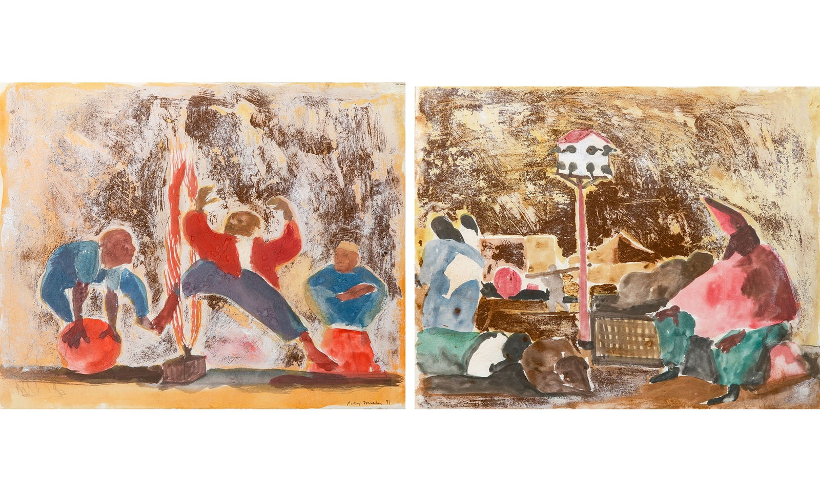 Paton Miller: American, b. 1953Fire Jumpers, 1991, and Purple Martins, 1992: Two WorksFire Jumpers signed and dated Paton Miller 91 (lr)Gouache on paperFire Jumpers: 14 1/4 x 17 3/4 inches (36