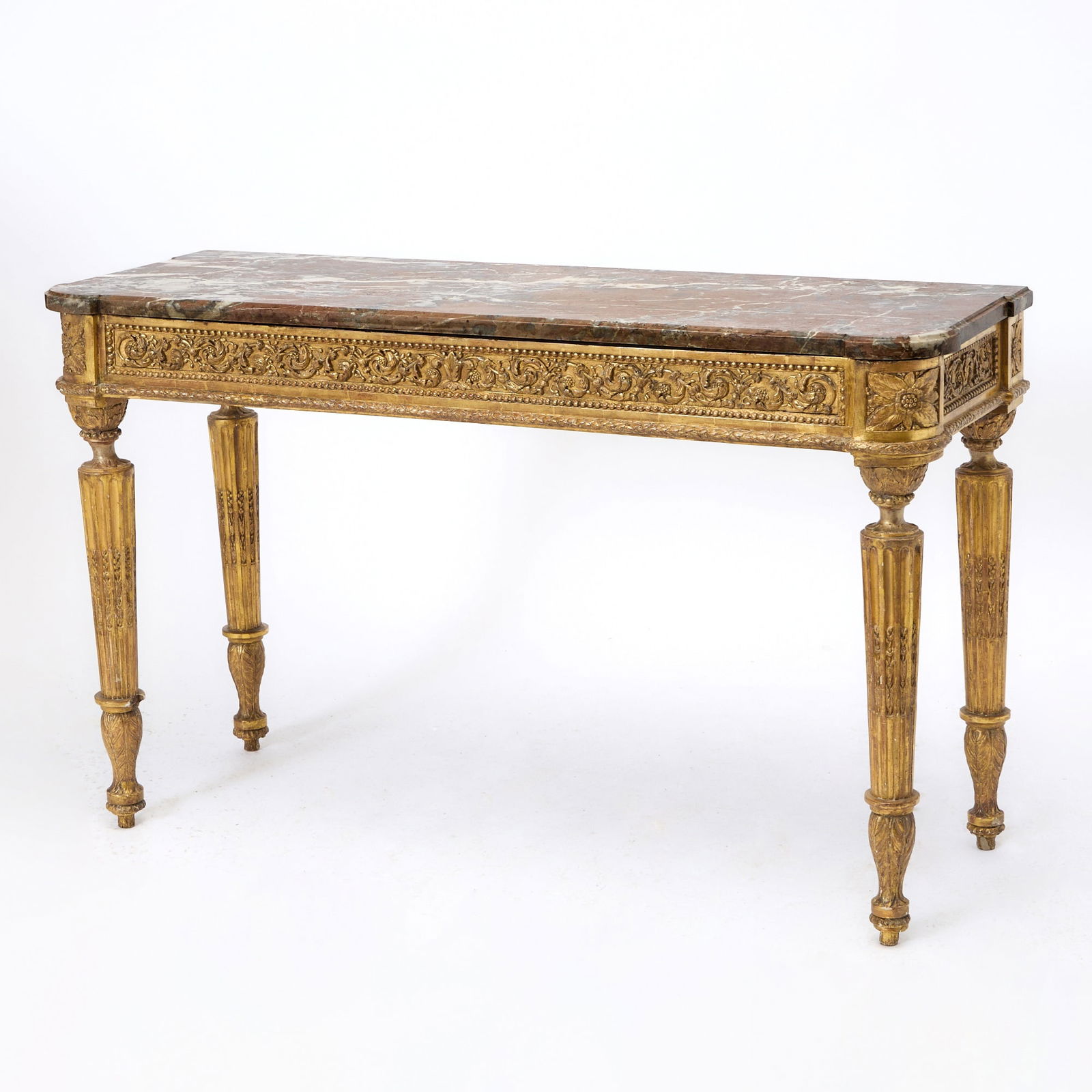 Continental Neoclassical Marble Top Giltwood Console: Height 36 inches, width 56 1/4 inches, depth 21 1/4 inches. Provenance: With Lee Calicchio, Ltd., New York; purchased 1994.
