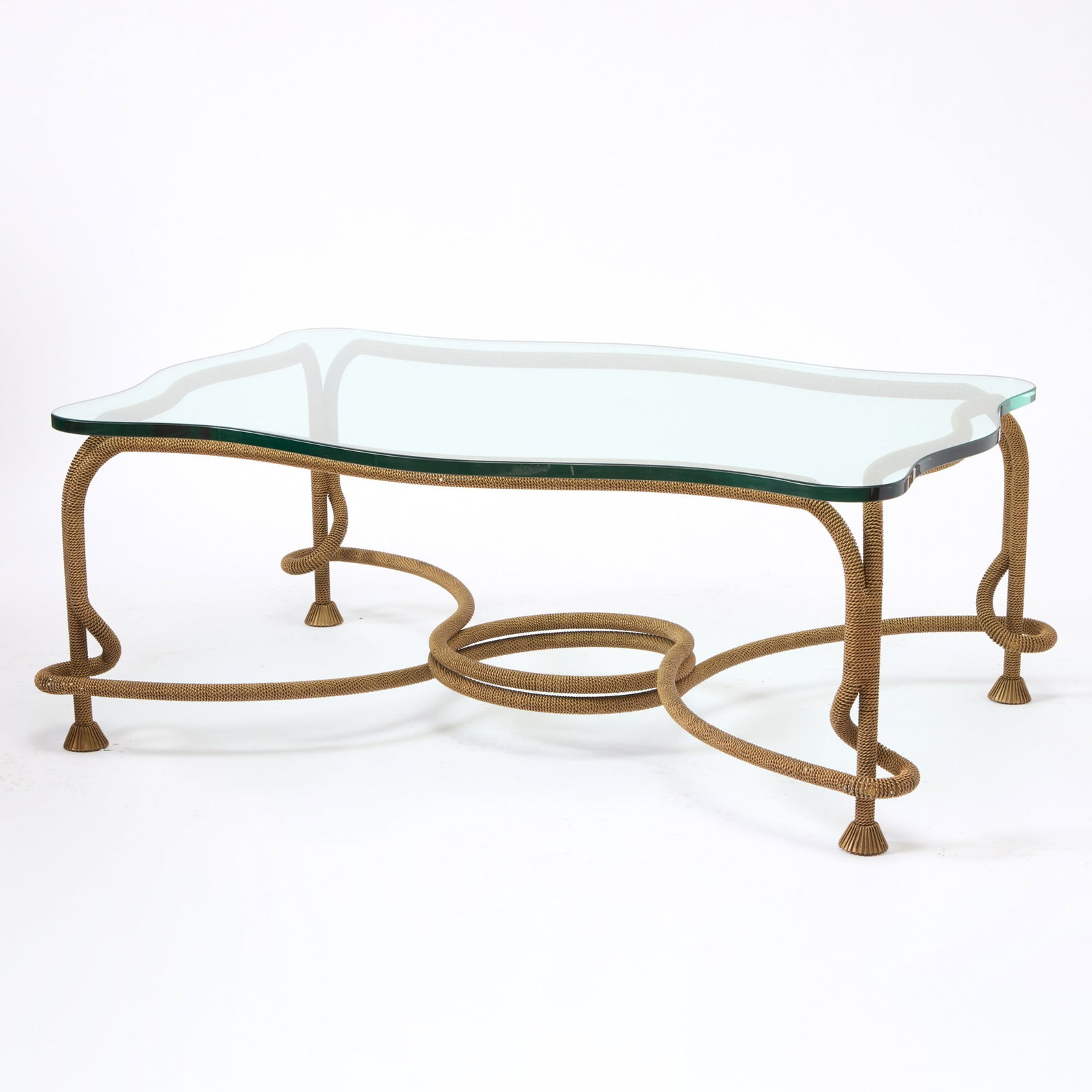 Gilt-Metal and Glass Rope-Twist Low Table: Height 17 inches, width 45 inches, depth 32 3/4 inches.