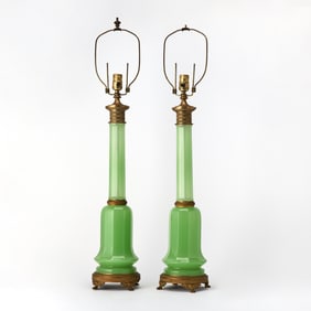 Pair of Bronze Mounted Green Opaline Glass Lamps