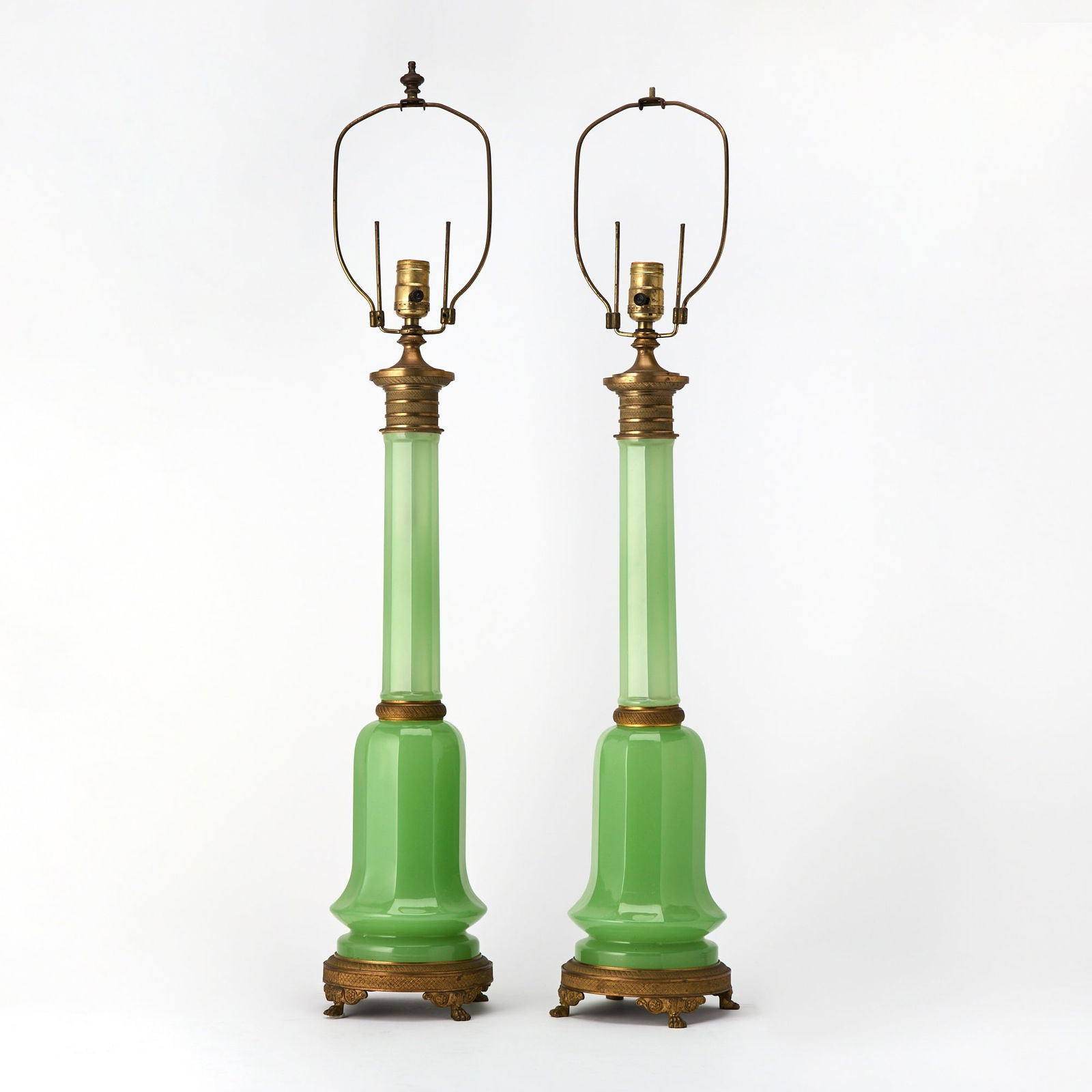 Pair of Bronze Mounted Green Opaline Glass Lamps: Height 24 inches.
