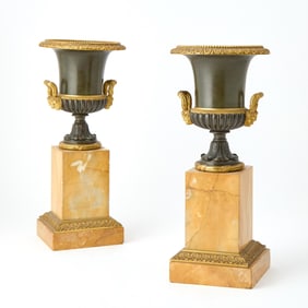 Pair of Gilt and Patinated Bronze Urns on Marble Pedestal Bases