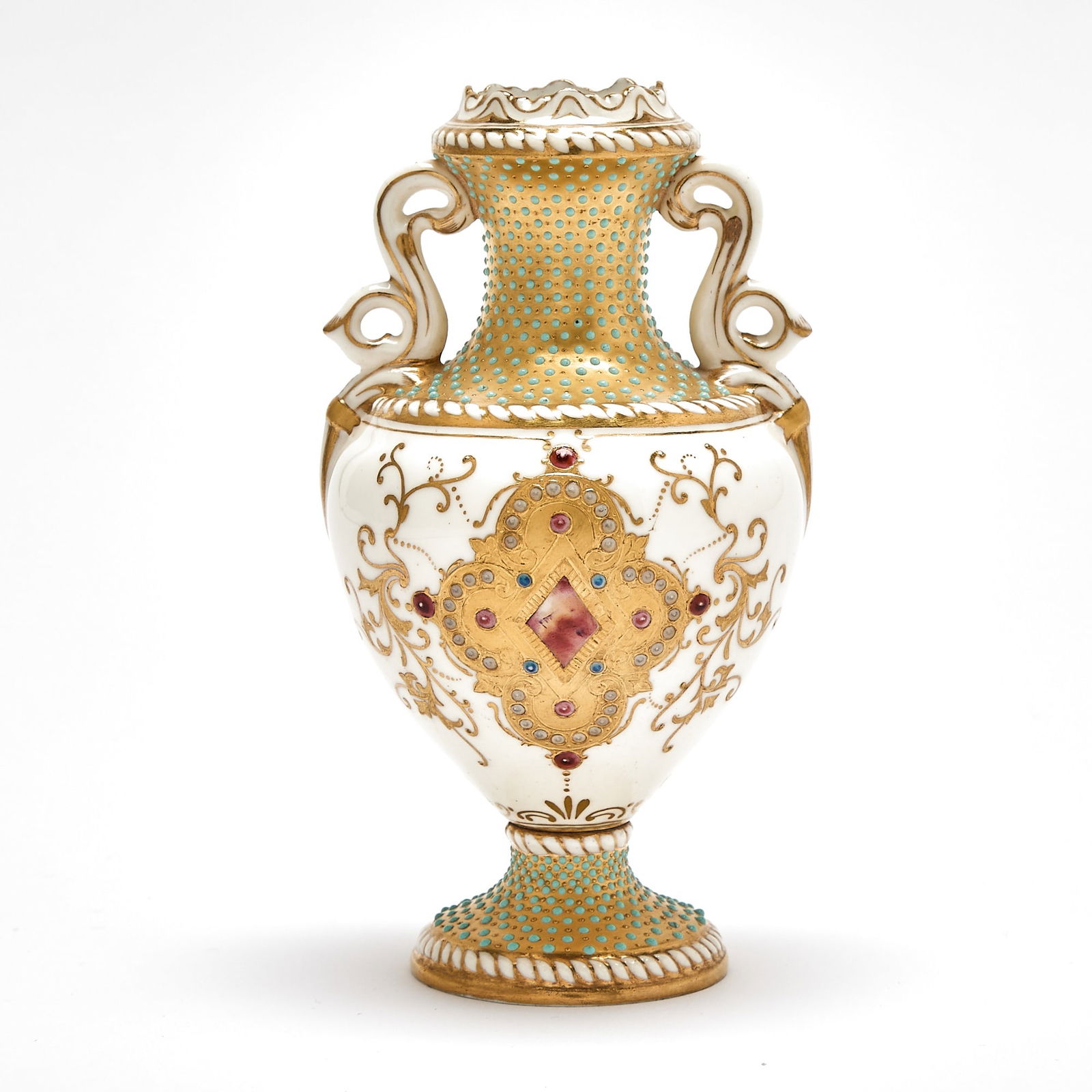 Coalport Small "Jeweled" Cabinet Vase: Height 6 inches. small hairlines to each handle
