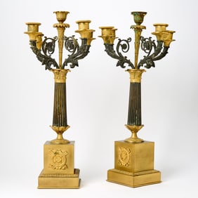 Pair of Empire Style Gilt and Patinated Bronze Six-Light Candelabra