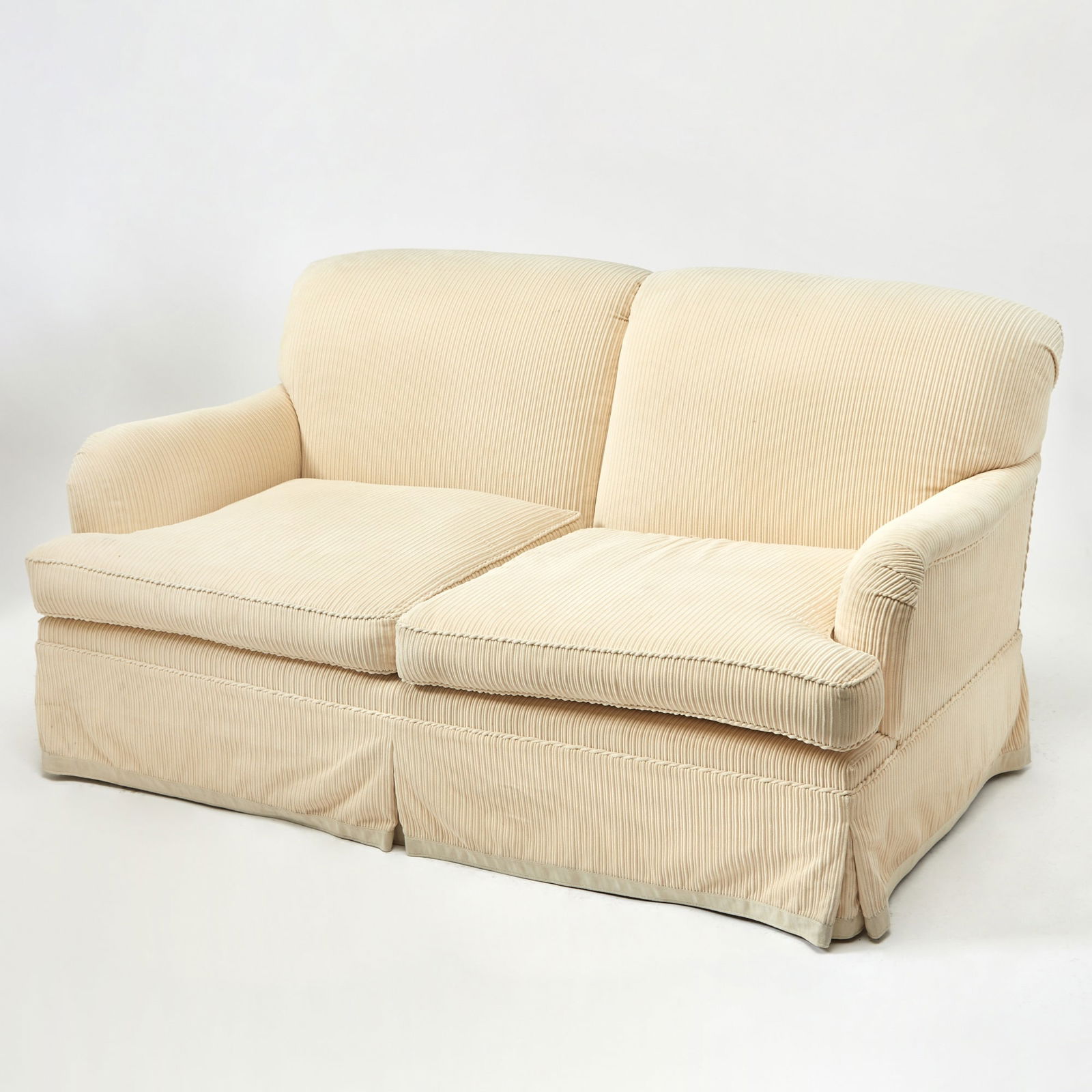 Two-Seat Upholstered Sofa: Height 34 inches, width 65 inches, depth of seat 25 inches.
