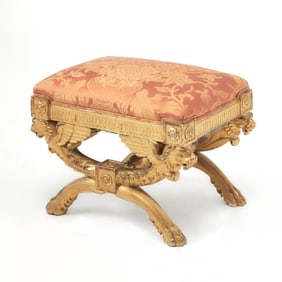 Empire Style Giltwood Upholstered Stool