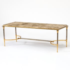 Maison Jansen Style Brass and Steel Marble Top Low Table