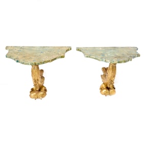 Pair of Continental Rococo Style Giltwood and Painted Consoles
