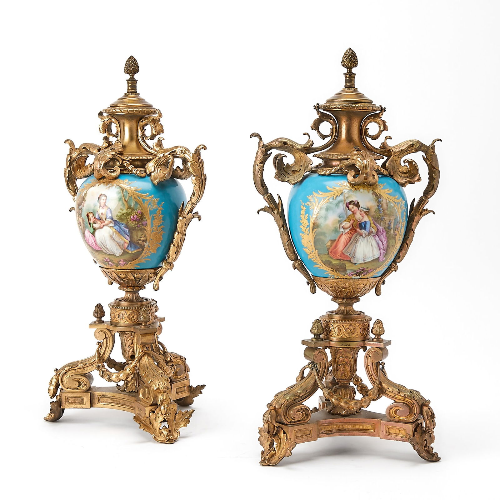 Pair of Sevres Style Porcelain and Bronze Mounted Vases: 19th Century Height 18 1/2 inches.