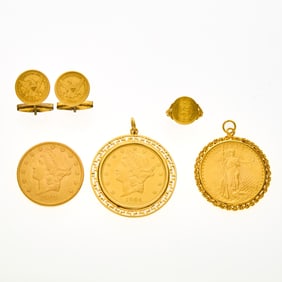 Group of U.S. and World Gold Coin Jewelry & United States 1907 Double Eagle.