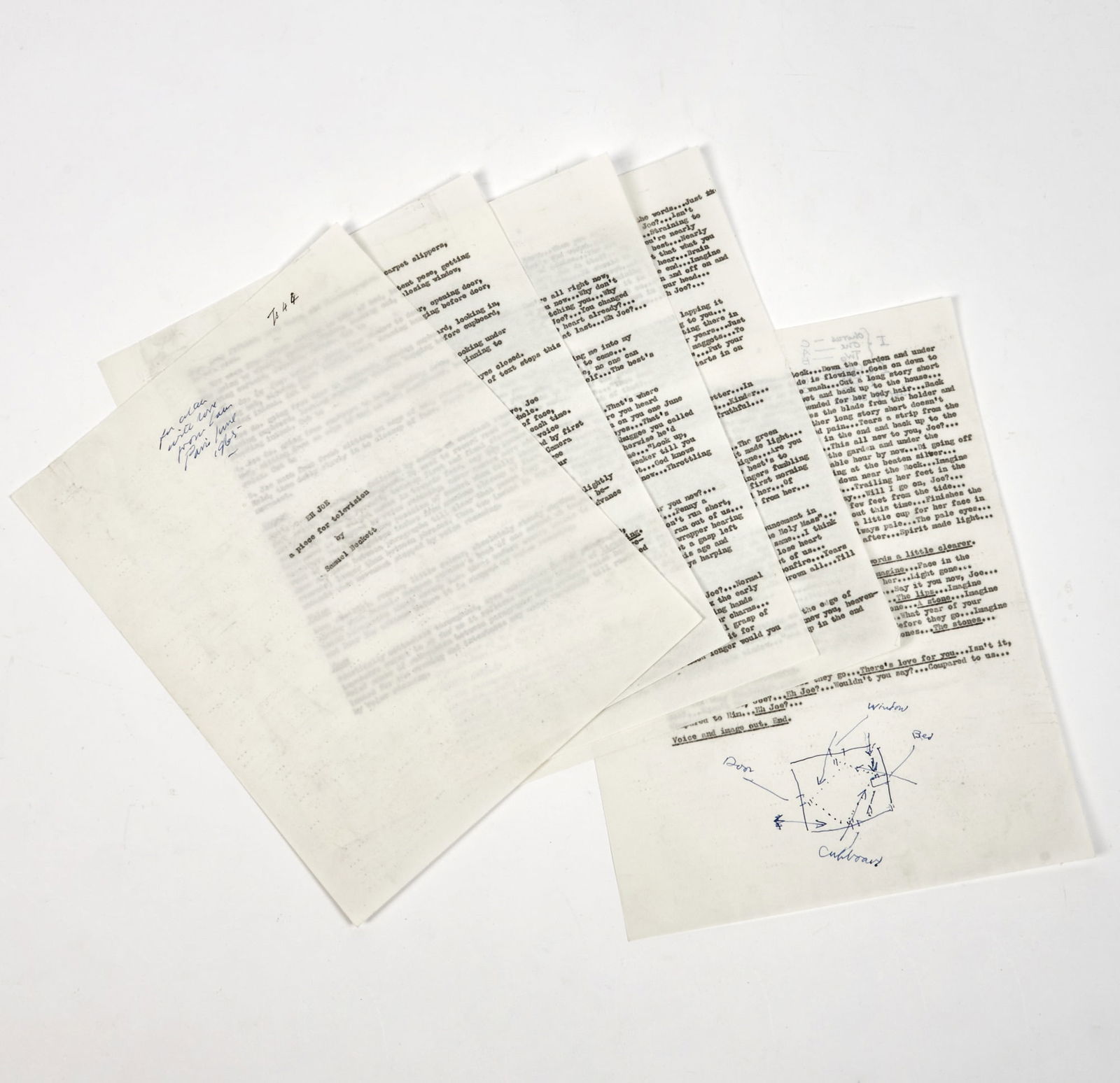 Samuel Beckett inscribes the typescript of Eh Joe upon completion in June 1965: SAMUEL BECKETT Inscribed and partially annotated typescript of “Eh Joe. A Piece for Television.” The complete typescript of "Eh Joe A Piece for Television" with the title leaf inscribed in