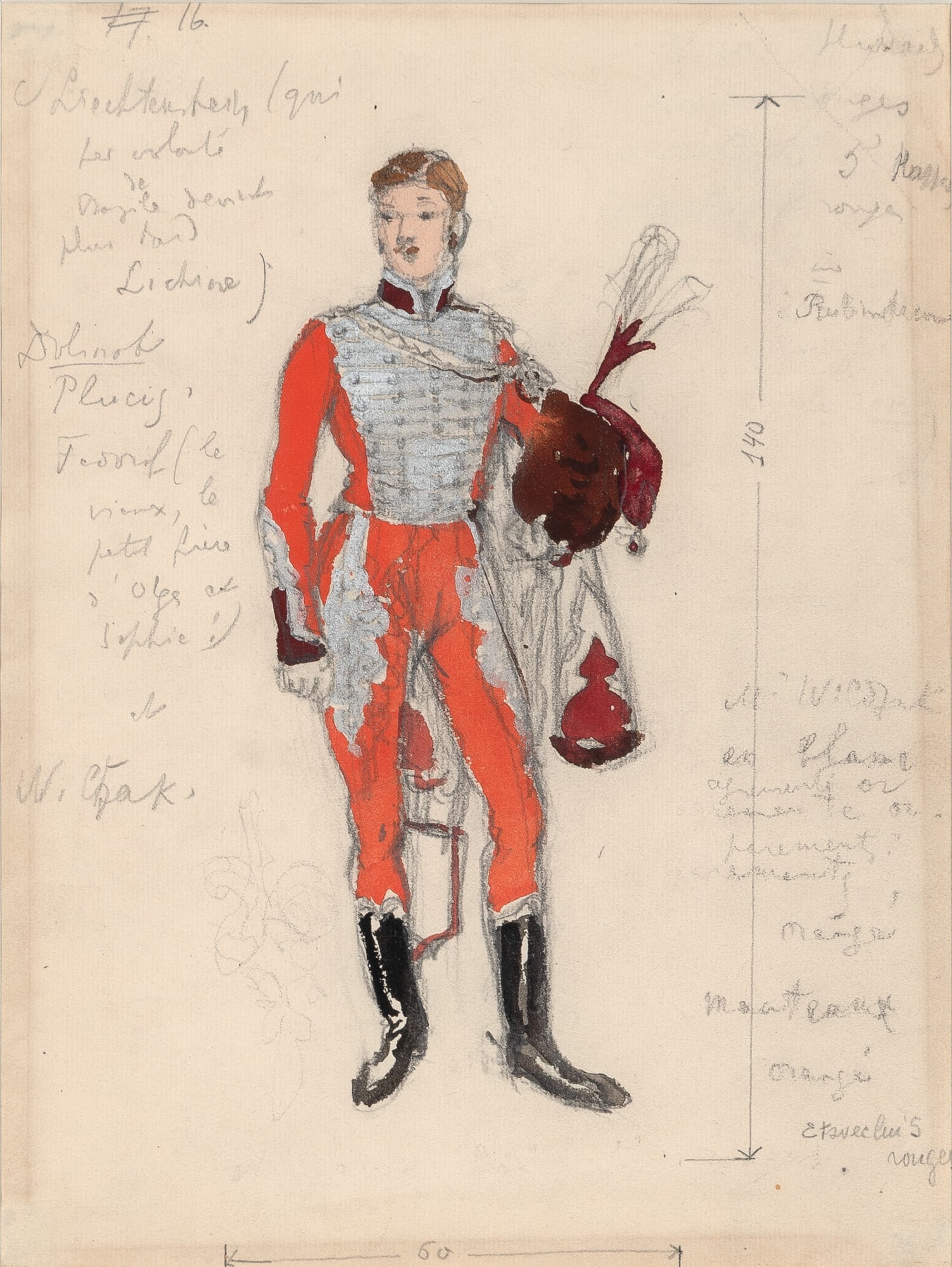 An original Alexandre Benois Costume Design: ALEXANDRE NIKOLAEVICH BENOISCostume Design for a Hussar Officer in 'La Valse'Variously annotated with details of the costume and productionGouache and pencil heightened with silver on paper 12 1/4