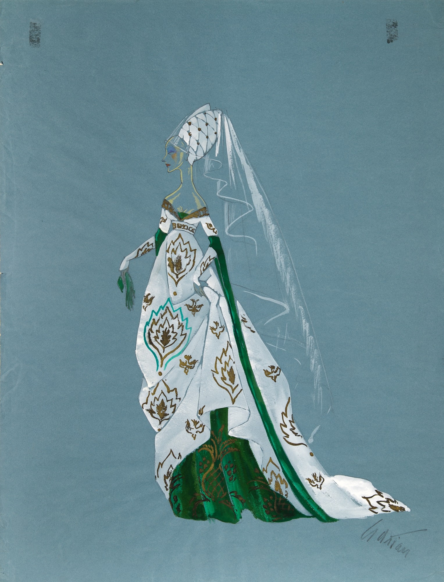 A Gilbert Adrian Design for Camelot: GILBERT ADRIANCostume Design for CamelotSigned Adrian (lr)Gouache and pencil on paper laid to board26 1/8 x 20 inches (66.4 x 50.8 cm)Unframed The paper is partiall