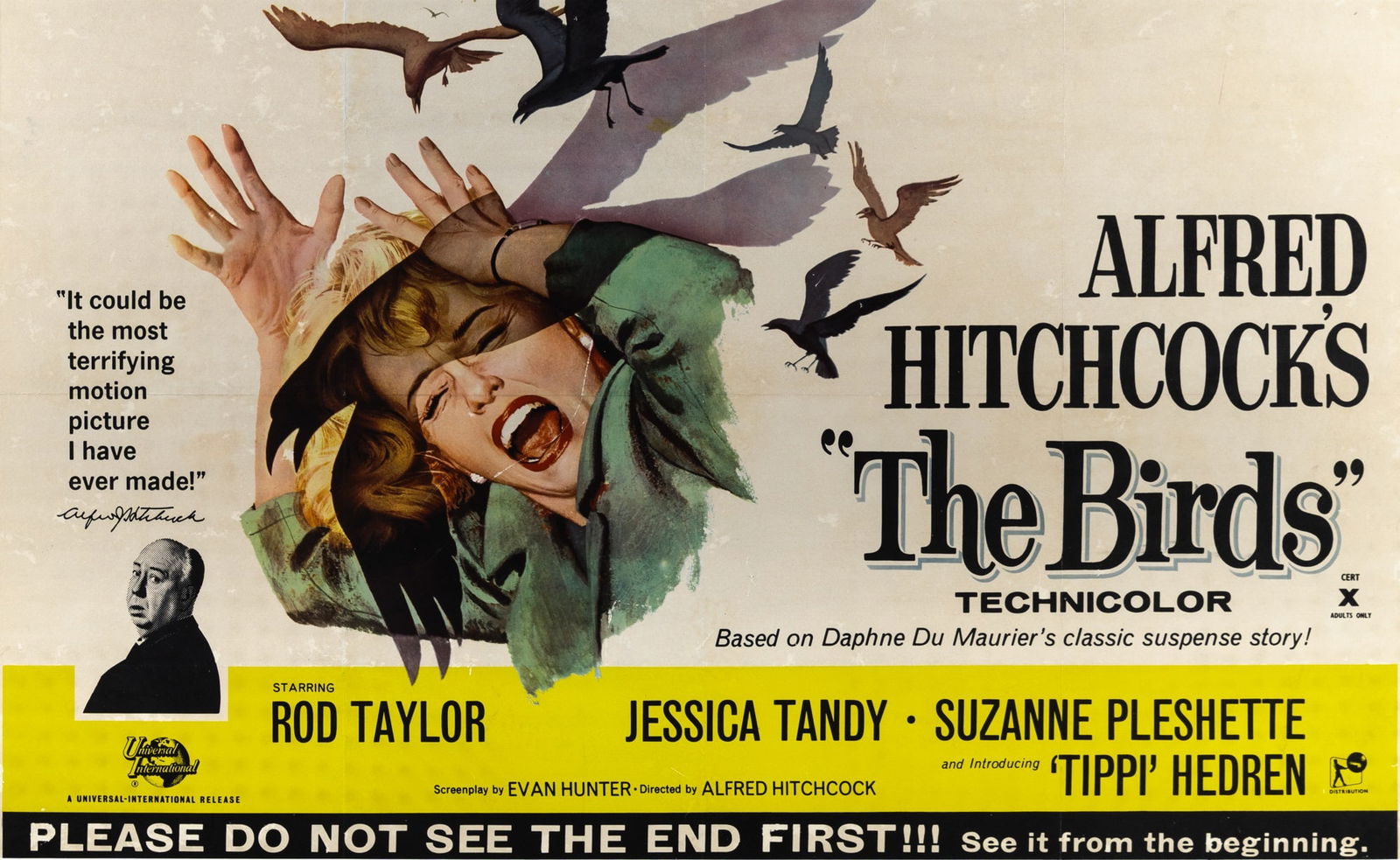 The very large and uncommon British Quad for Hitchcock's The Birds: ALFRED HITCHCOCK The Birds. Universal, 1963. British Quad, approximately 30 x 40 inches, with "Cert X Adults Only" under the title. Matted but not framed. The poster flush mounted to board flatting th