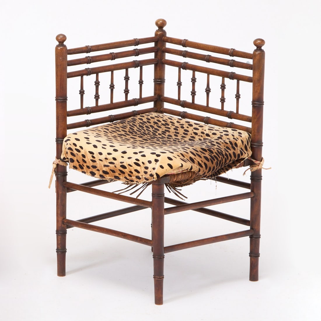 Faux Bamboo Mahogany Corner Chair: Height 26 3/4 inches, width 21 1/2 inches, depth 21 1/2 inches.