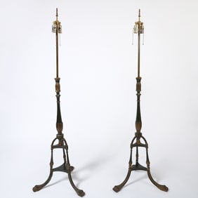 Pair of Parcel Gilt and Shell and Metal Mounted Carved Wood Floor Lamps
