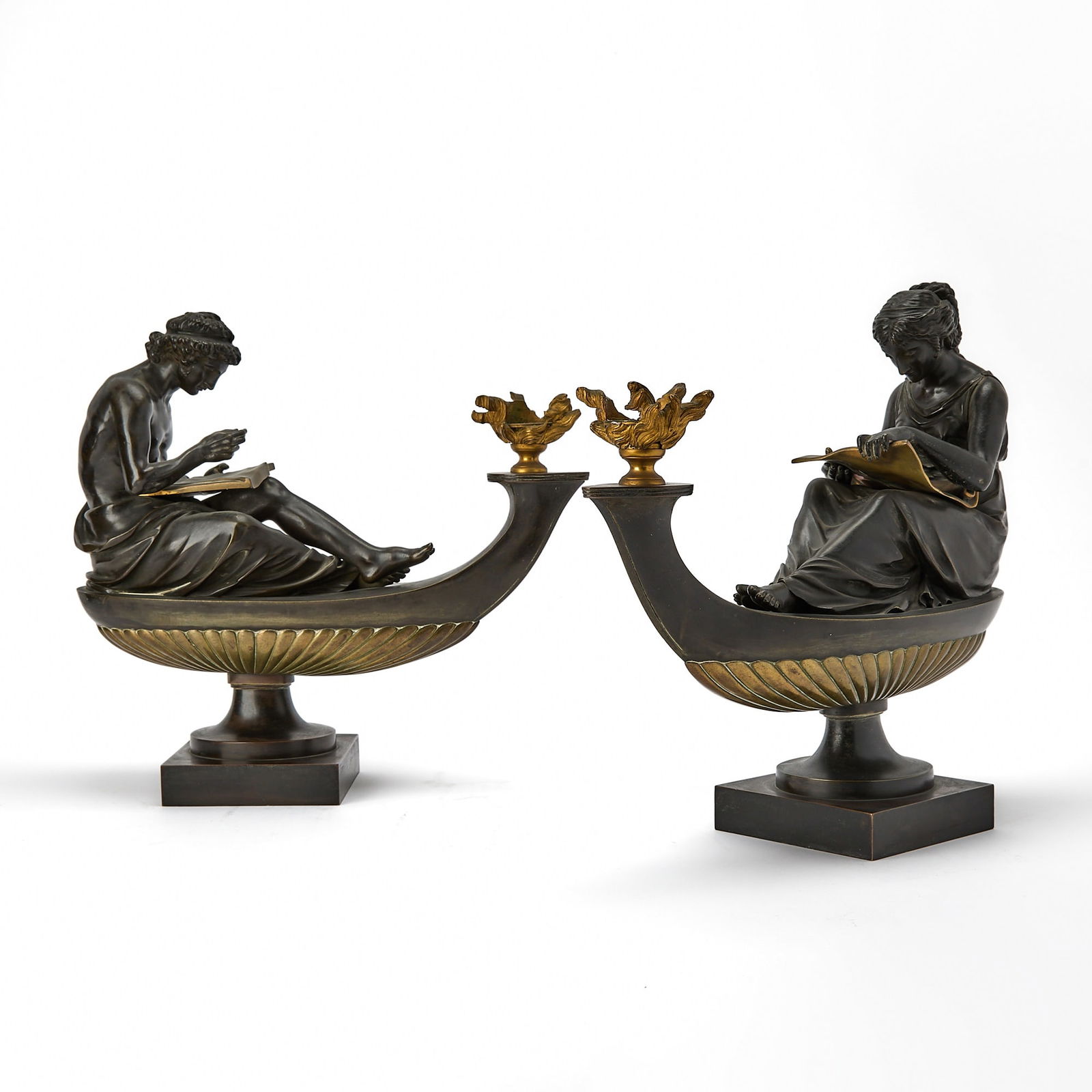 Pair of Louis XVI Style Gilt and Patinated Bronze Figural Oil Lamps (1 of 10)