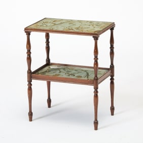 Small Embroidered Lined Walnut Two-Tier Side Table