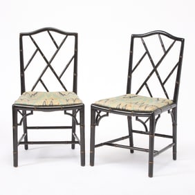 Pair of George III Style Parcel-Gilt and Ebonized Faux Bamboo Side Chairs