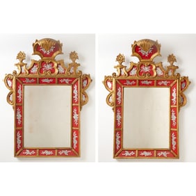 Pair of Venetian Reverse-Painted Glass and Carved Giltwood Mirrors