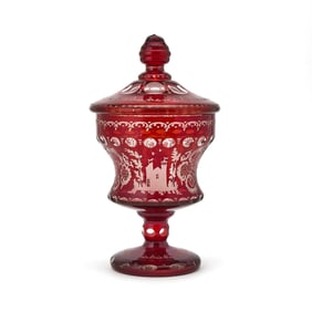 Bohemian Blown, Cut, Wheel-Engraved, and Polished Ruby Flashed Glass Footed Jar and Cover