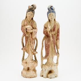 Pair of Chinese Polychrome Carved Wood Figures of Guanyin
