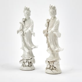 Pair of Chinese White-Glazed Porcelain Figures of Guanyin