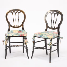 Pair of Victorian Gilt and Black Japanned Mother of Pearl Inlaid Side Chairs