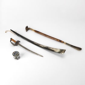 Small Cloissoné Enameled Metal Box Together with a Wood-Handled Steel Dagger and Two Long