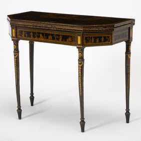 George III Needlepoint Lined Gilt and Black Japanned Octagonal Games Table