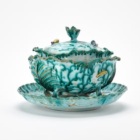 Brussels Faience Cabbage "Vert du Cuivre" Tureen, Cover and Stand