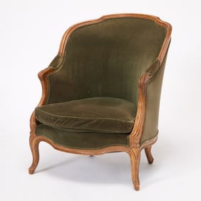 Louis XV Green Velvet Upholstered Beechwood Bergère