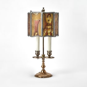 Smalll Two-Light Copper Bouillotte Lamp with Stained Glass Lamp Shade