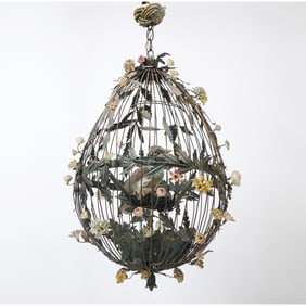 French Porcelain Mounted Tôle Peinte Birdcage Chandelier