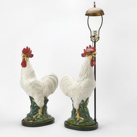 Pair of Large Continental Polychrome Faience Figures of Roosters