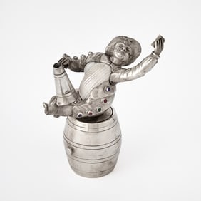 Continental Glass-Inset Silver and Shell Figure of a Merry Man Seated on a Barrel